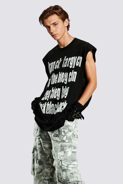 Hazy Symbol Letter Print Sleeveless Top Black