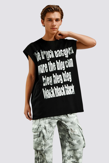 Hazy Symbol Letter Print Sleeveless Top Black