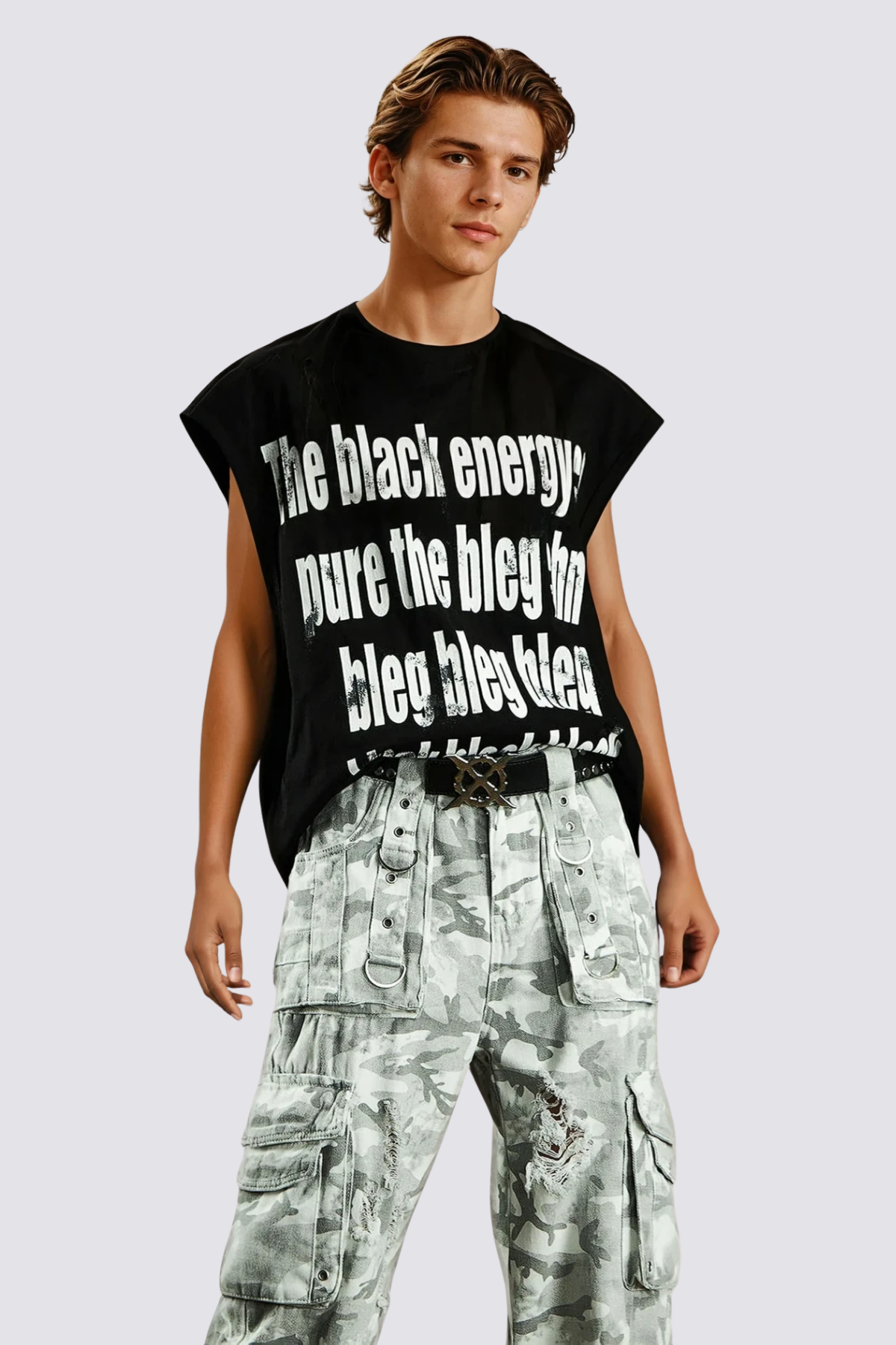 Hazy Symbol Letter Print Sleeveless Top Black