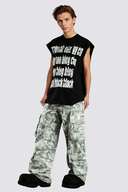 Hazy Symbol Letter Print Sleeveless Top Black