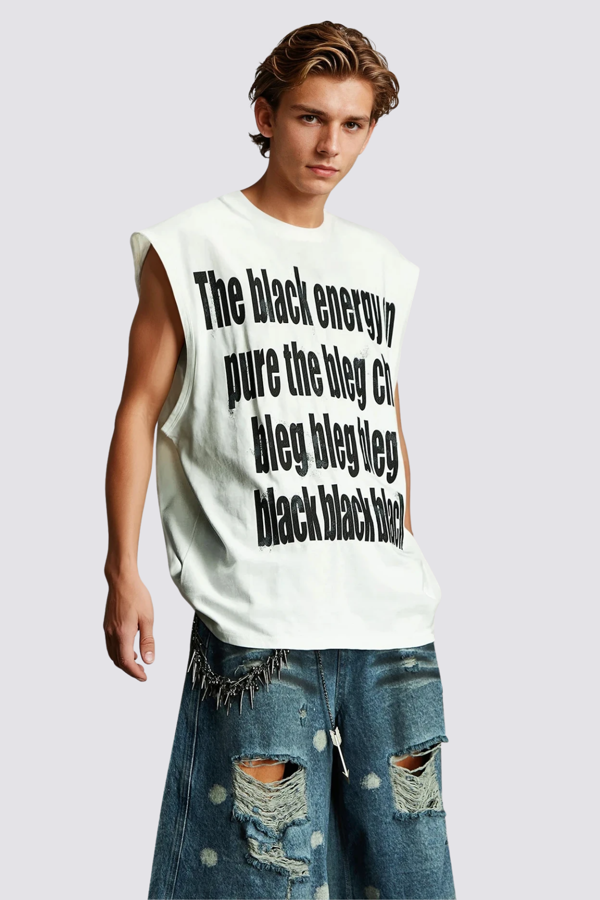 Hazy Symbol Letter Print Sleeveless Top White