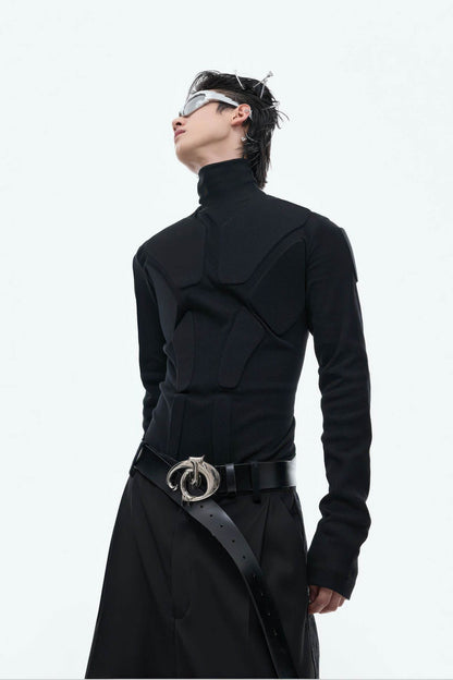 Heavy-Duty Armor-Inspired Black High Neck Long Sleeve Top - Slim Fit & Versatile