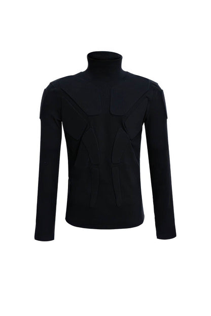Heavy-Duty Armor-Inspired Black High Neck Long Sleeve Top - Slim Fit & Versatile