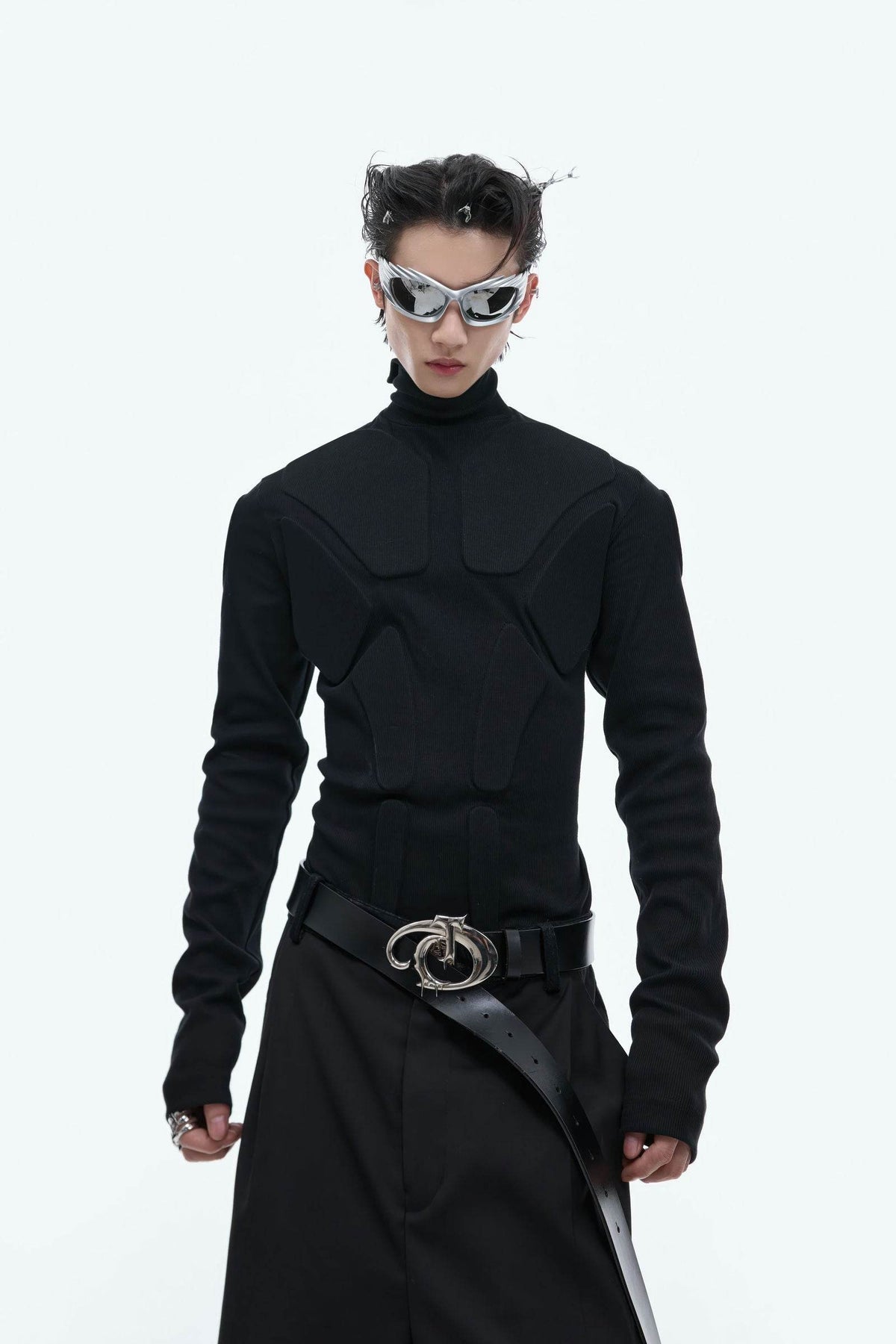 Heavy-Duty Armor-Inspired Black High Neck Long Sleeve Top - Slim Fit & Versatile