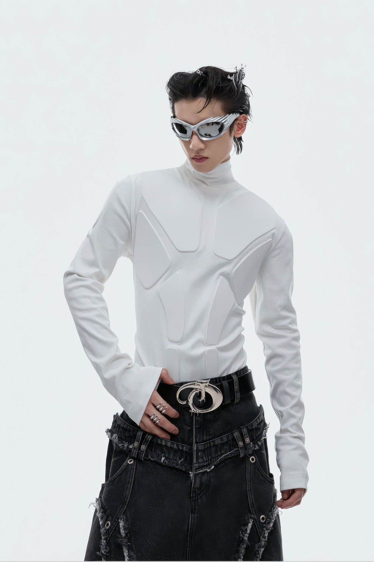 Heavy-Duty Armor-Inspired Black High Neck Long Sleeve Top - Slim Fit & Versatile