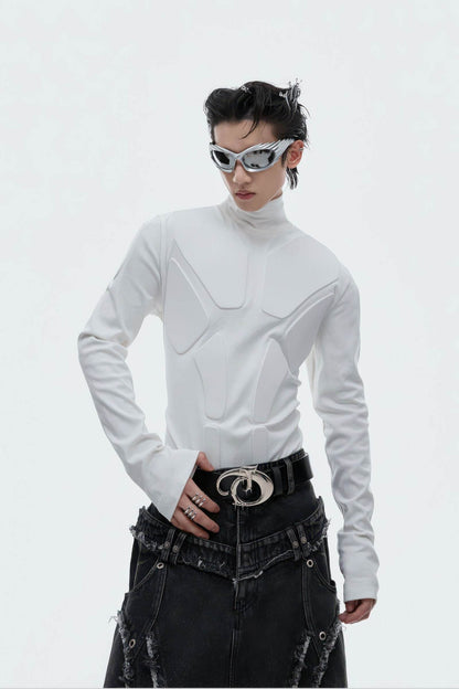 Heavy-Duty Armor-Inspired Black High Neck Long Sleeve Top - Slim Fit & Versatile