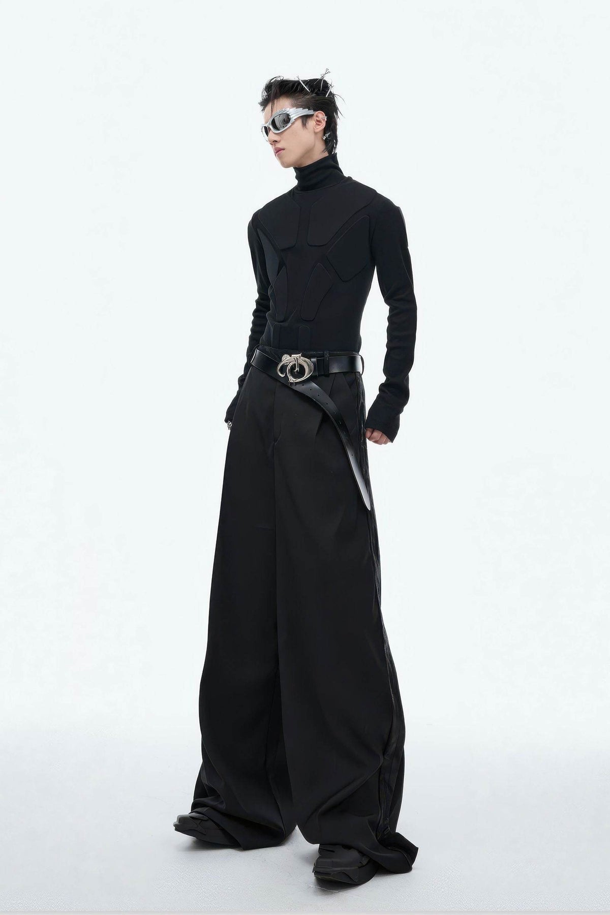 Heavy-Duty Armor-Inspired Black High Neck Long Sleeve Top - Slim Fit & Versatile