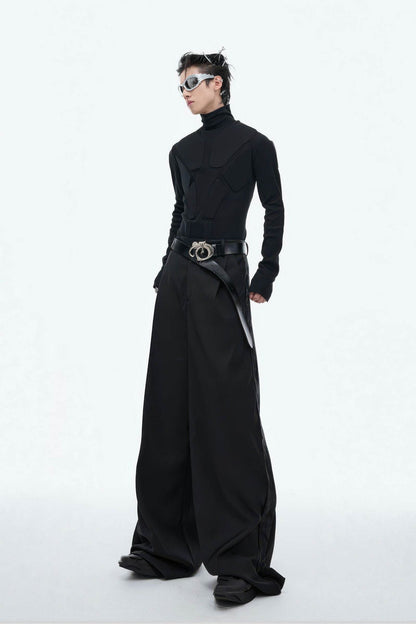 Heavy-Duty Armor-Inspired Black High Neck Long Sleeve Top - Slim Fit & Versatile