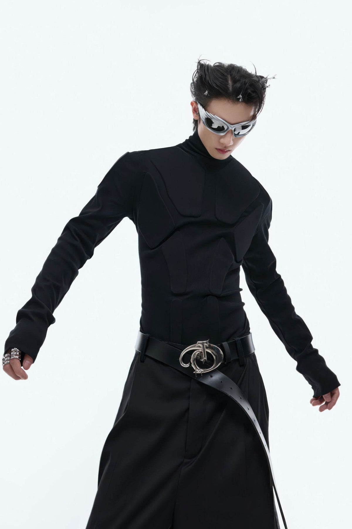 Heavy-Duty Armor-Inspired Black High Neck Long Sleeve Top - Slim Fit & Versatile