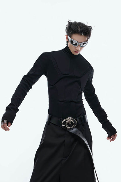 Heavy-Duty Armor-Inspired Black High Neck Long Sleeve Top - Slim Fit & Versatile