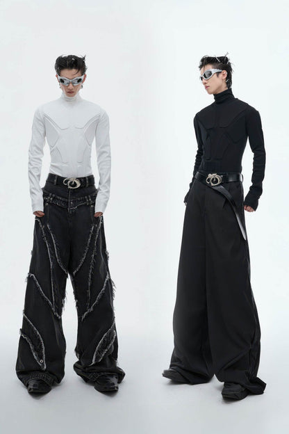 Heavy-Duty Armor-Inspired Black High Neck Long Sleeve Top - Slim Fit & Versatile