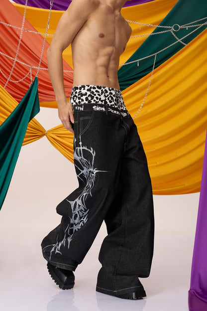 Heavy Patina Leopard Double Waistband Wide Leg Jeans