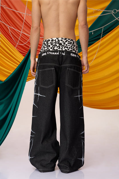Heavy Patina Leopard Double Waistband Wide Leg Jeans