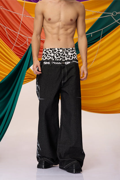 Heavy Patina Leopard Double Waistband Wide Leg Jeans