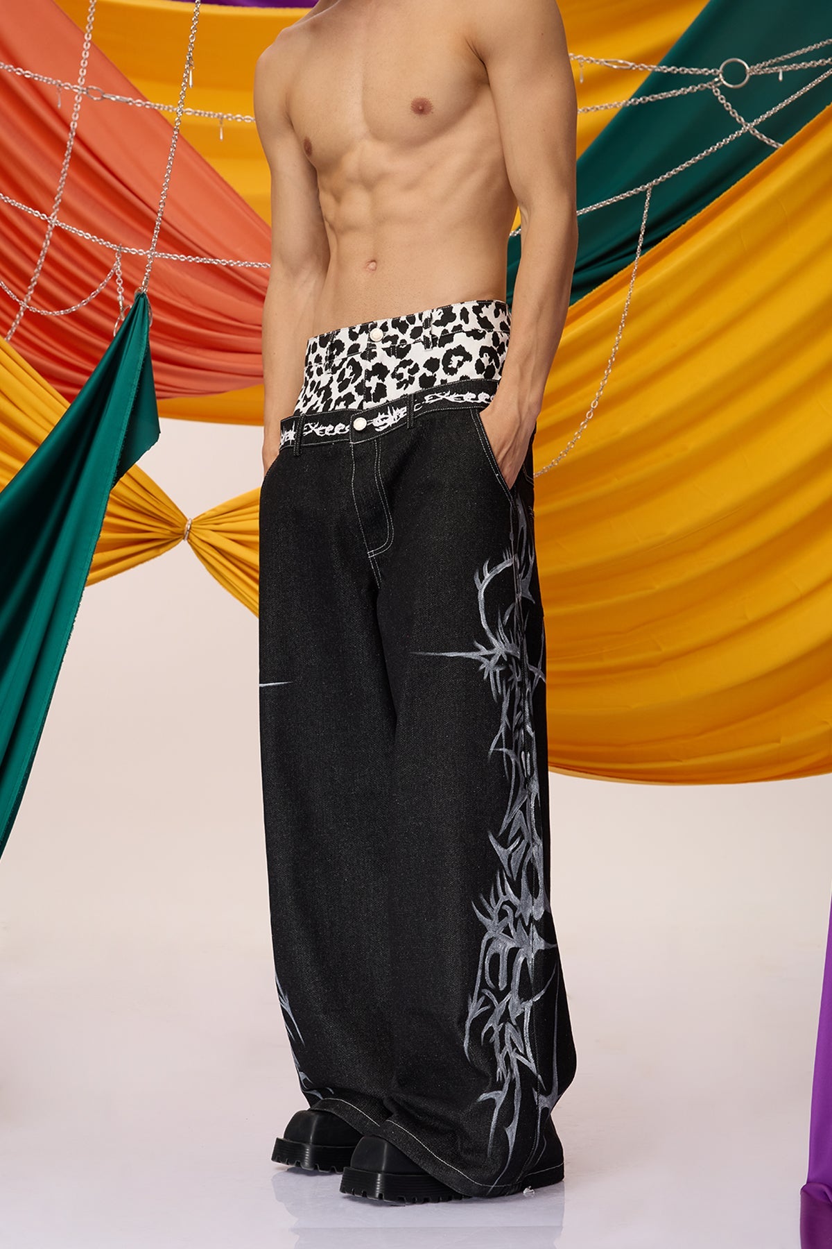 Heavy Patina Leopard Double Waistband Wide Leg Jeans