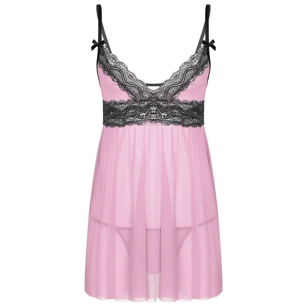 Mesh Floral Lace Sissy Mini Nightgown Set