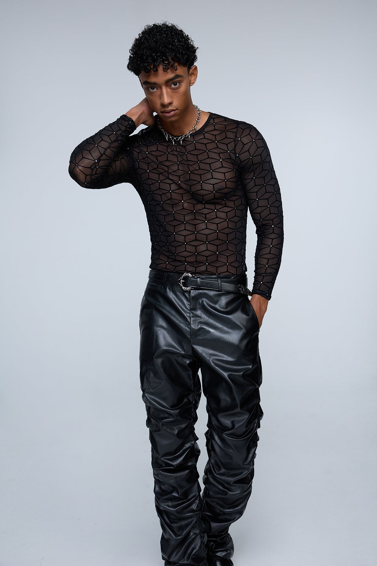 Hybrid Signal Rhinestone Mesh Long Sleeve Top