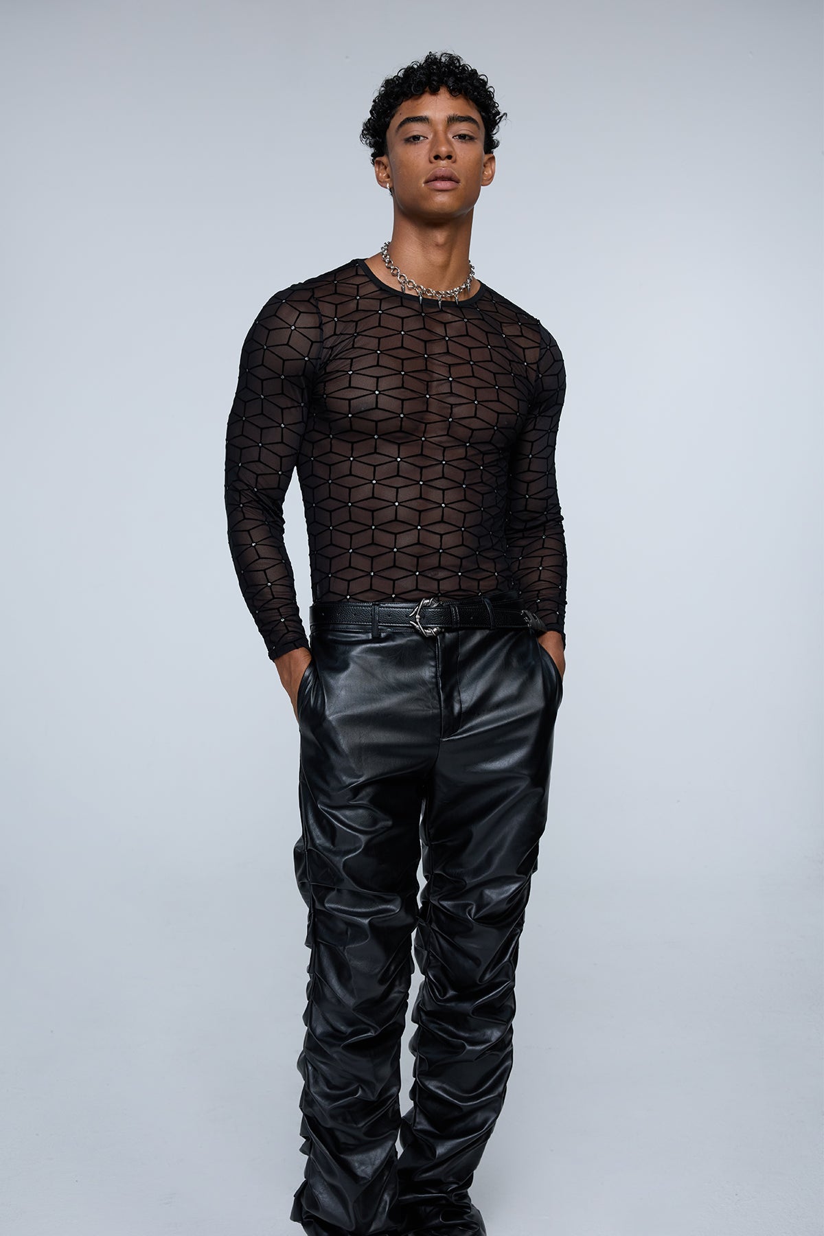 Hybrid Signal Rhinestone Mesh Long Sleeve Top