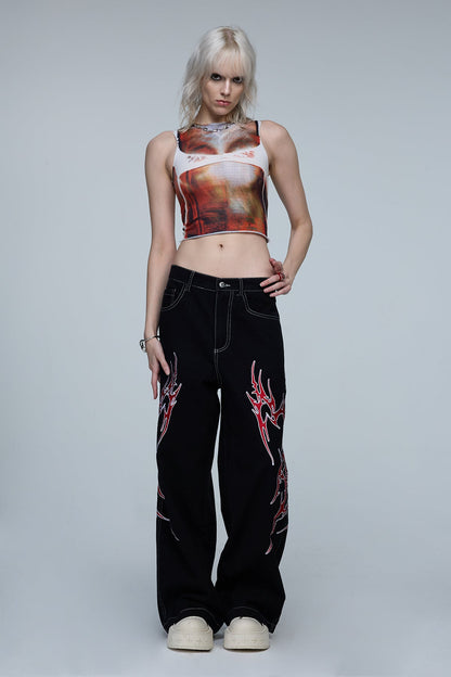 Hybrid Warp Embroidered Wide Leg Jeans