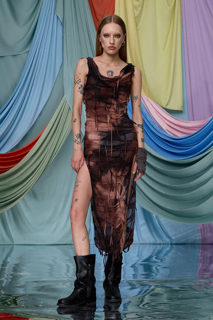 Hyper Plastic Sleevelss Hooded Split Maxi Dress