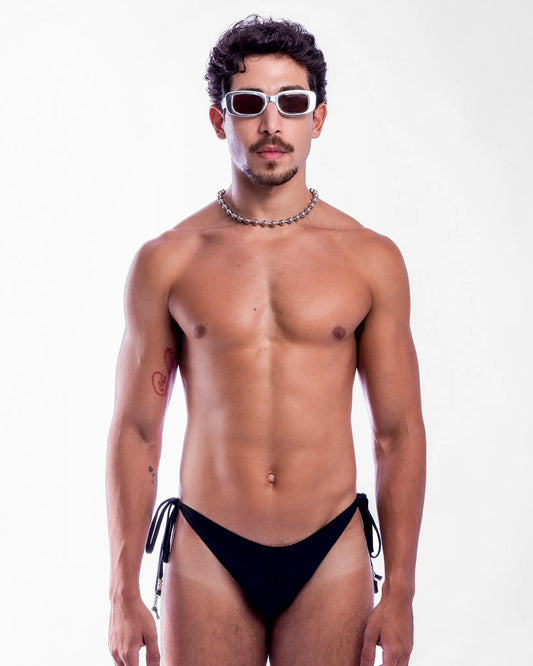 Beaded Side-Tie Swim Brief in Black