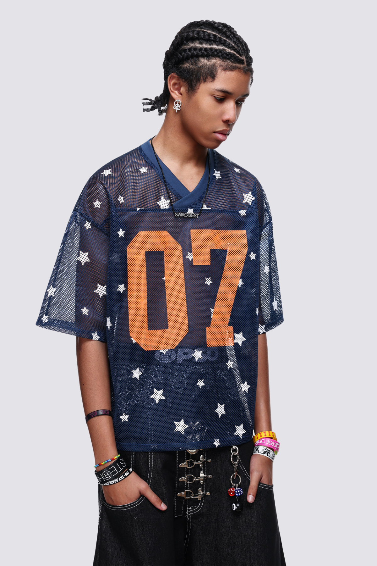 Illume Curve Cutout V Neck Star T-Shirt Navy Blue