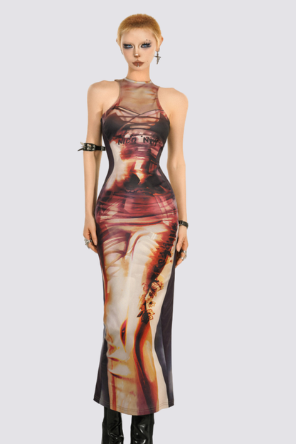 Ink Flow Sleeveless Print Maxi Dress