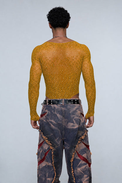 Instinct Pulse Leopard Rhinestone Knit Bodysuit Yellow