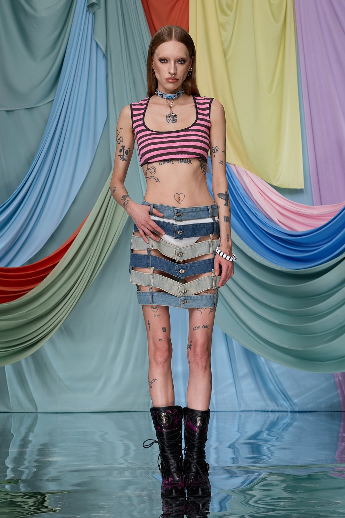 Iron Glare Cutout Denim Mini Skirt