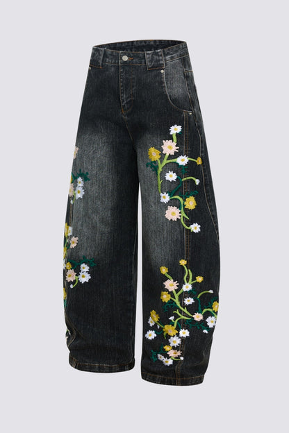 Iron Grain Embroidered Barrel Jeans