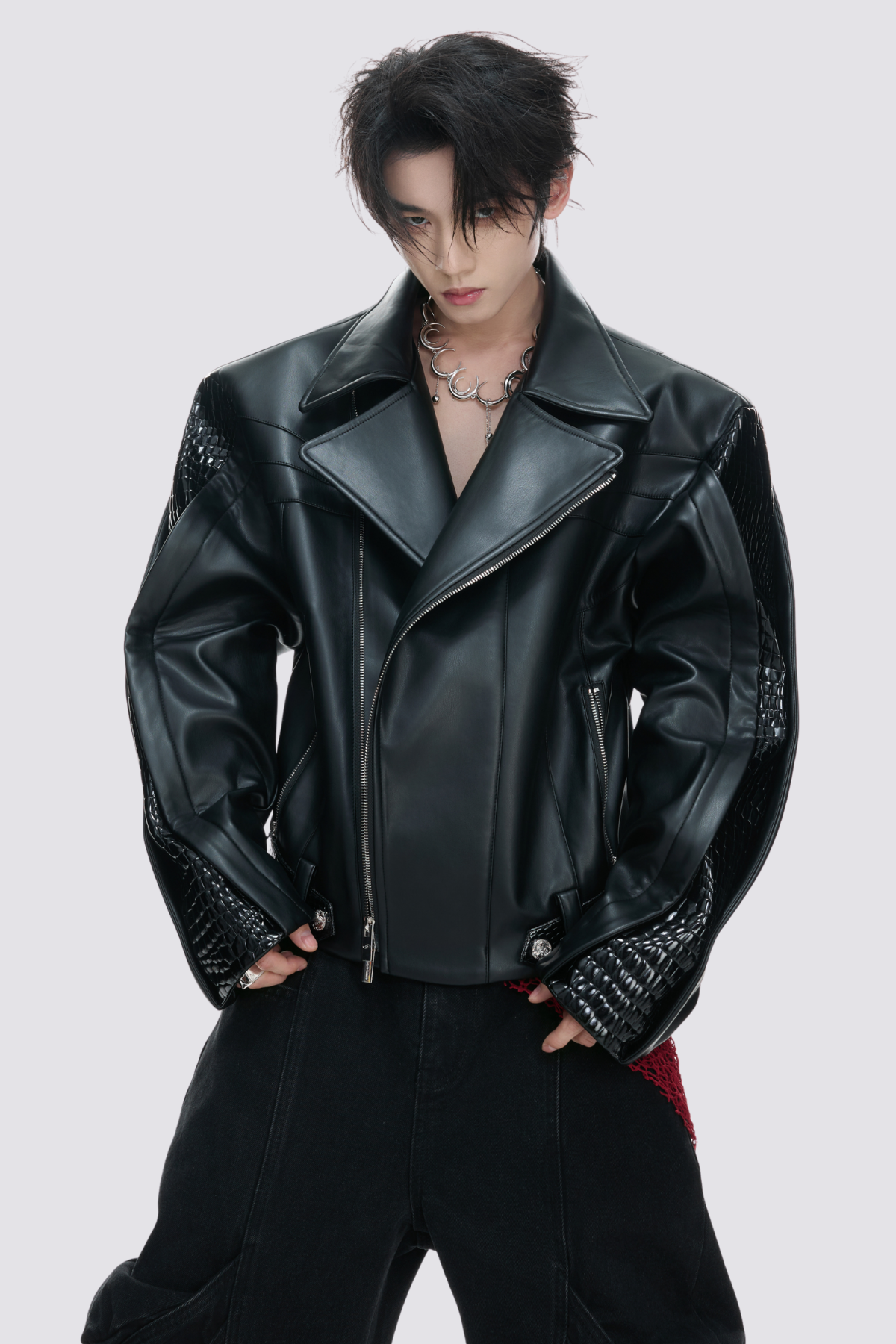 Jet Cinch Crocodile Pattern Leather Jacket