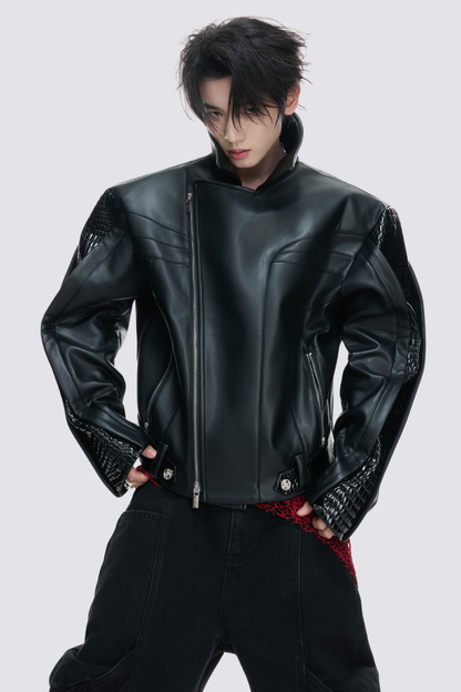 Jet Cinch Crocodile Pattern Leather Jacket