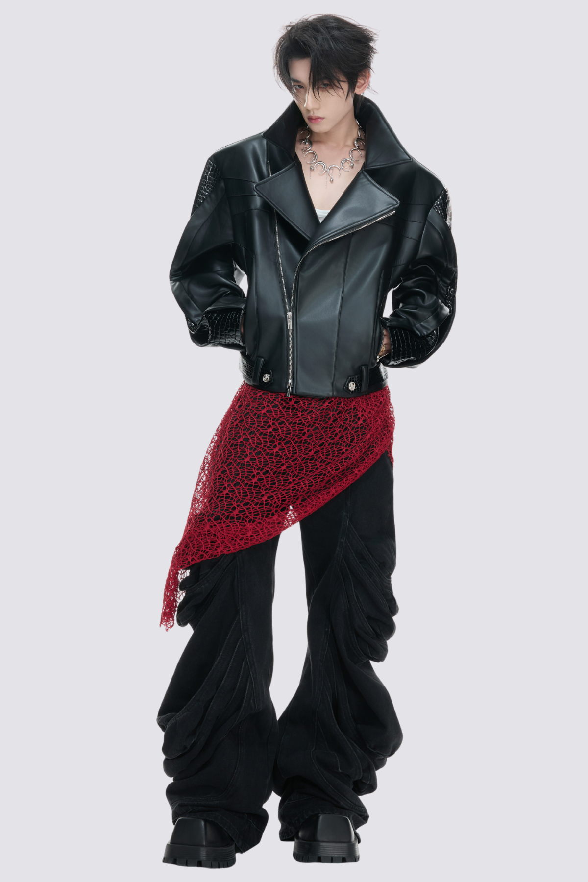 Jet Cinch Crocodile Pattern Leather Jacket