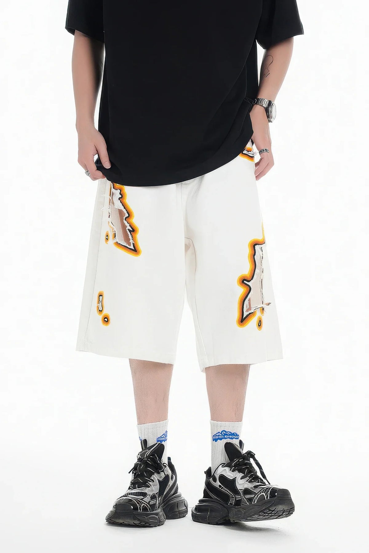 Flame Burnout Distressed Denim Shorts – Bold, Streetwear-Inspired Design