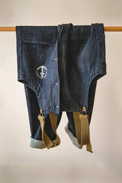 Vintage American Workwear Suspender Overalls with Wide-Leg Denim