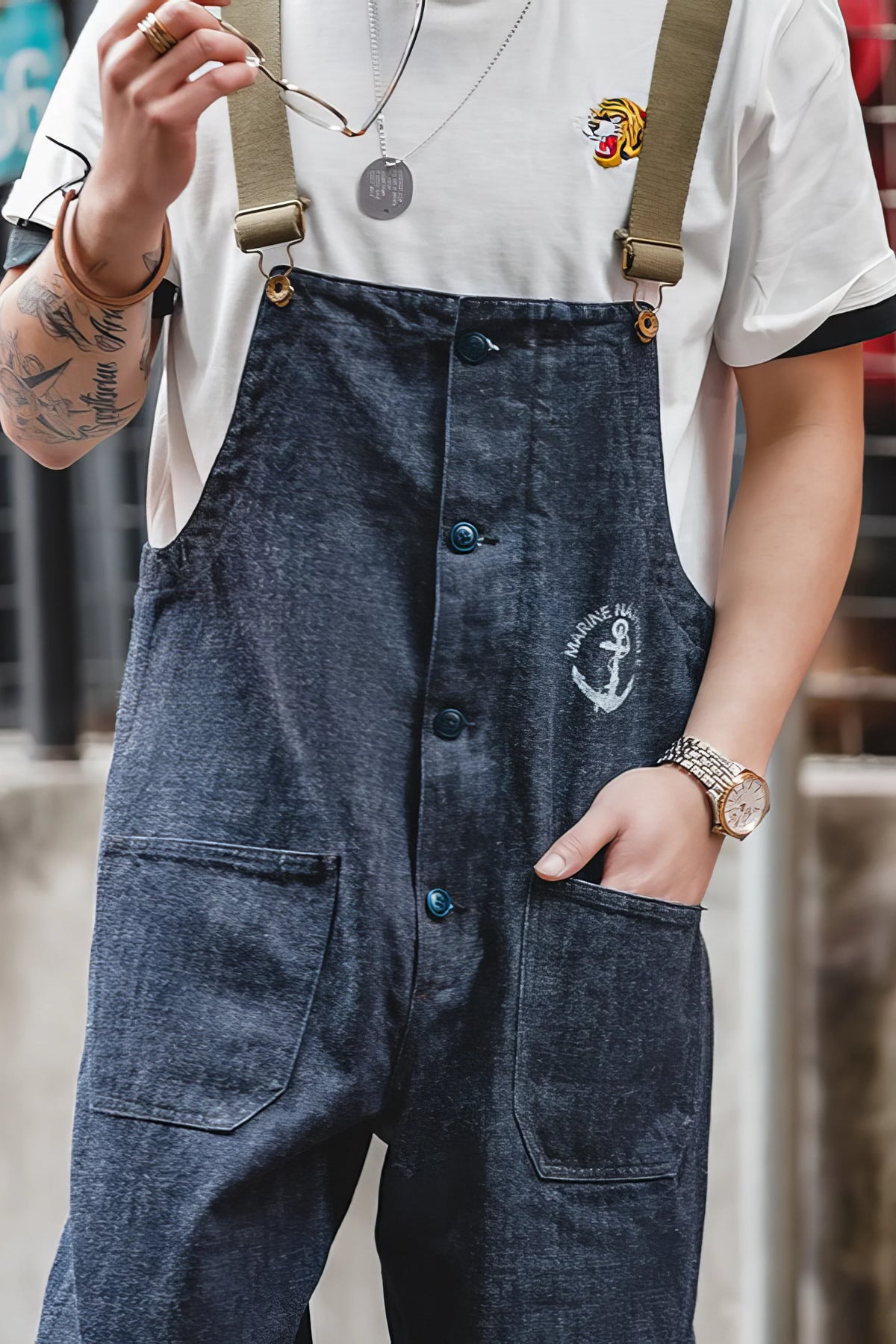 Vintage American Workwear Suspender Overalls with Wide-Leg Denim