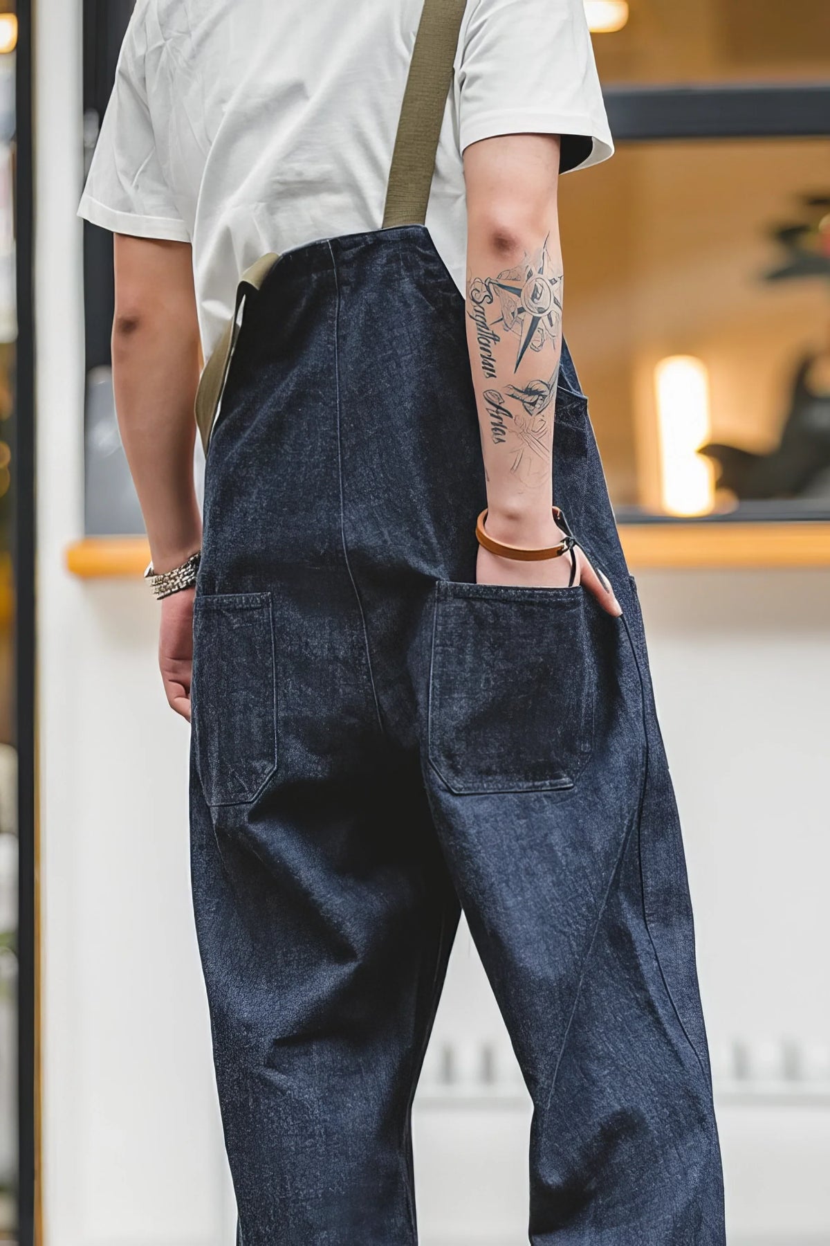 Vintage American Workwear Suspender Overalls with Wide-Leg Denim