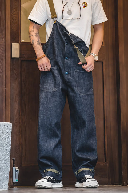 Vintage American Workwear Suspender Overalls with Wide-Leg Denim