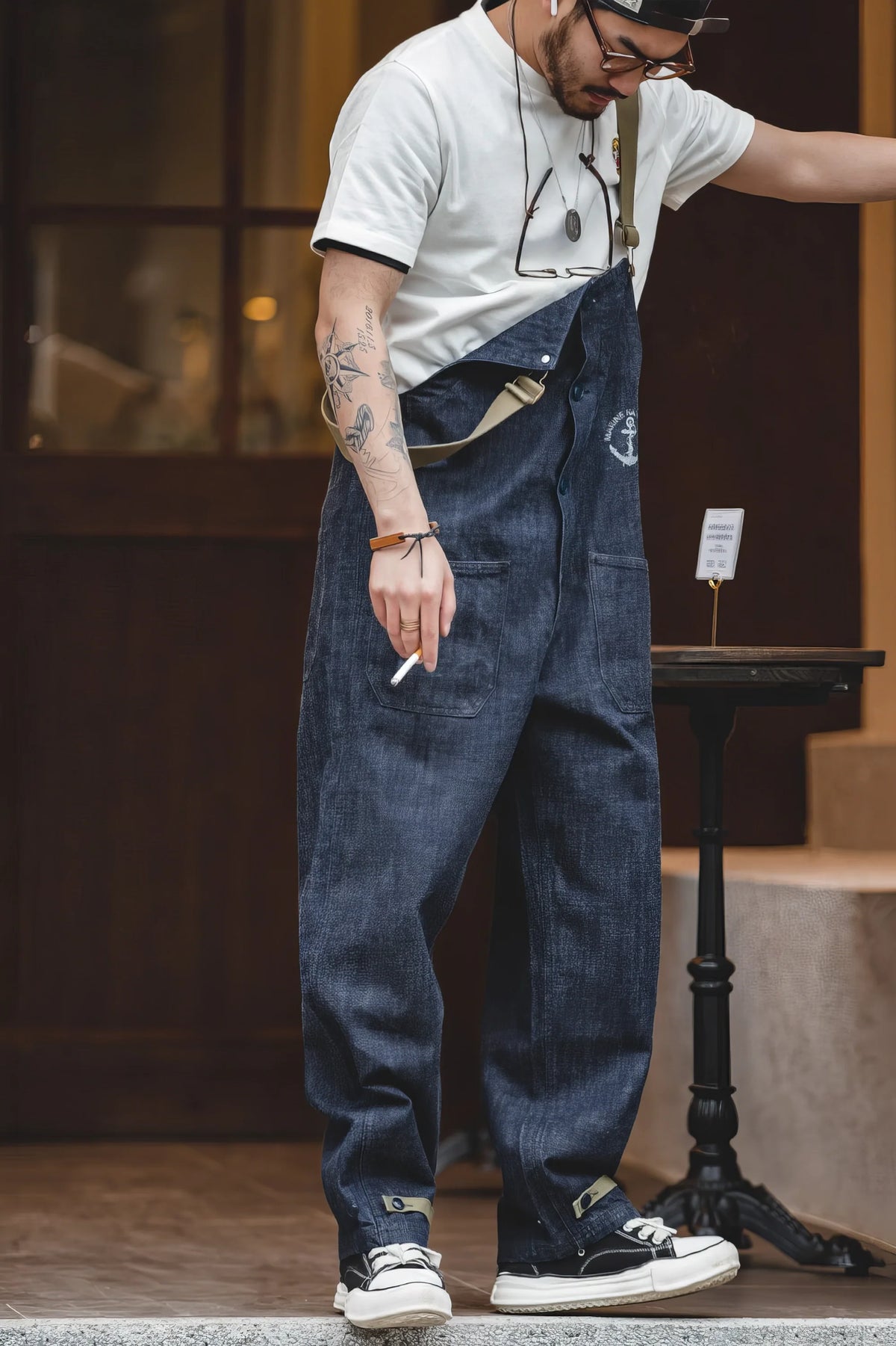 Vintage American Workwear Suspender Overalls with Wide-Leg Denim
