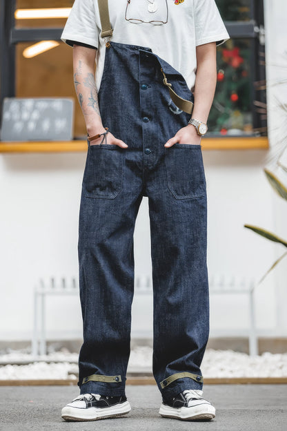 Vintage American Workwear Suspender Overalls with Wide-Leg Denim