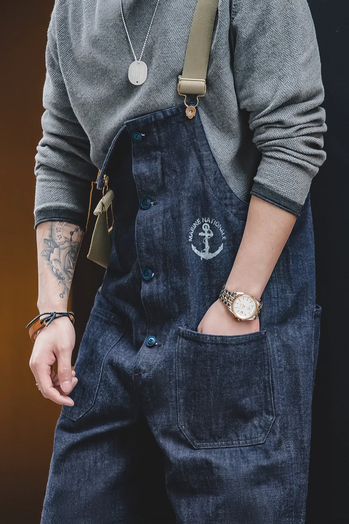 Vintage American Workwear Suspender Overalls with Wide-Leg Denim