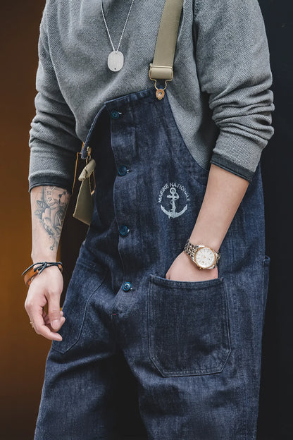 Vintage American Workwear Suspender Overalls with Wide-Leg Denim