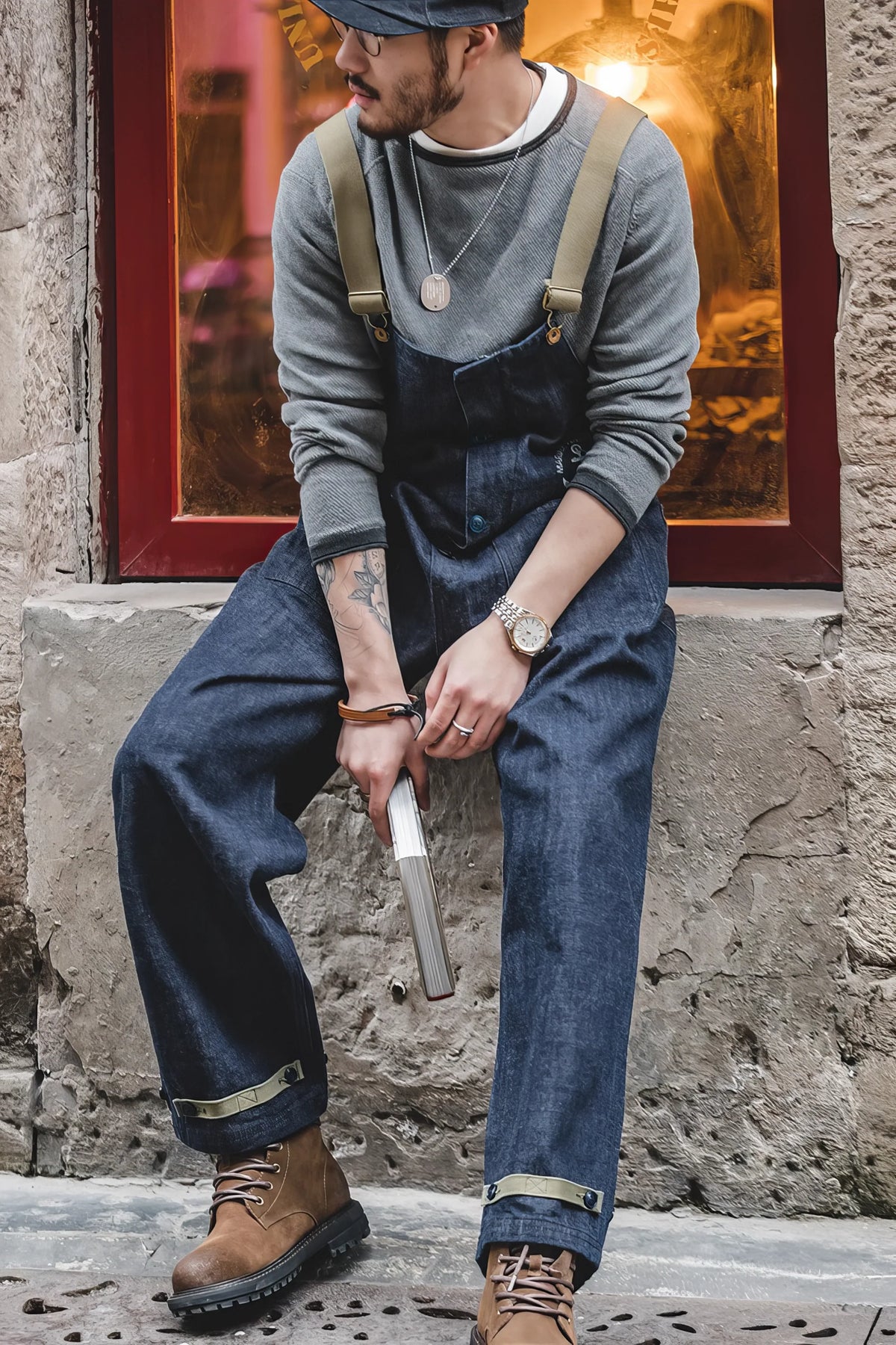 Vintage American Workwear Suspender Overalls with Wide-Leg Denim