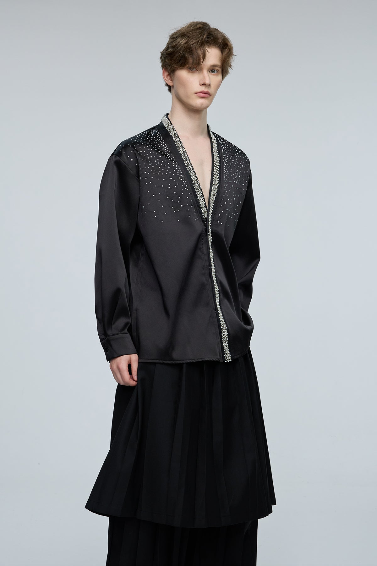 Kinetic Bloom Rhinestone V Neck Long Sleeve Shirt Black