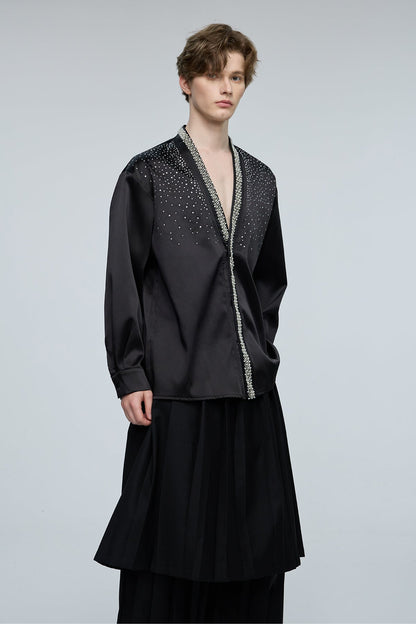 Kinetic Bloom Rhinestone V Neck Long Sleeve Shirt Black