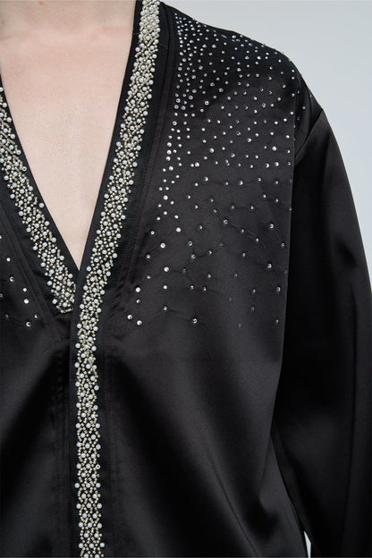 Kinetic Bloom Rhinestone V Neck Long Sleeve Shirt Black