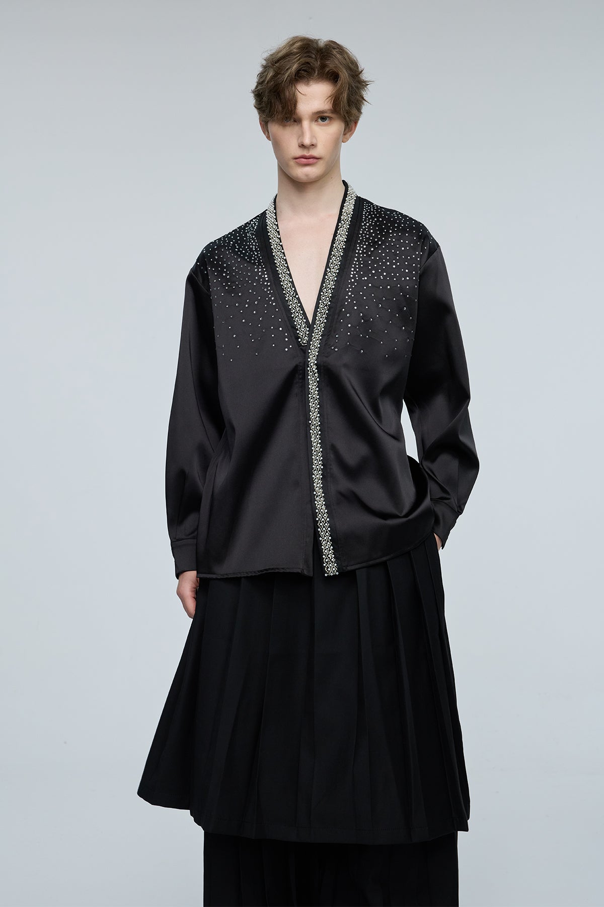 Kinetic Bloom Rhinestone V Neck Long Sleeve Shirt Black