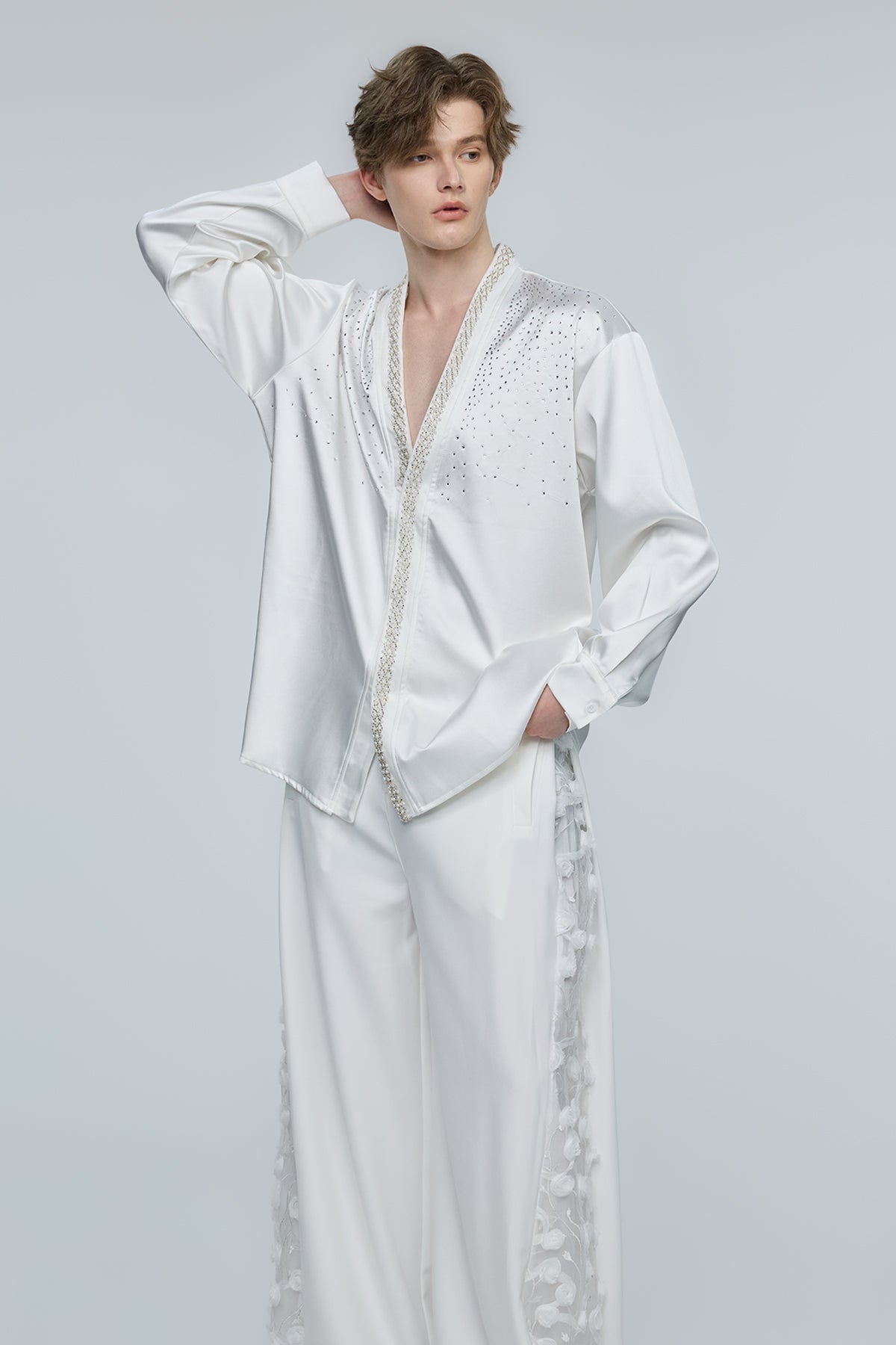 Kinetic Bloom Rhinestone V Neck Long Sleeve Shirt White