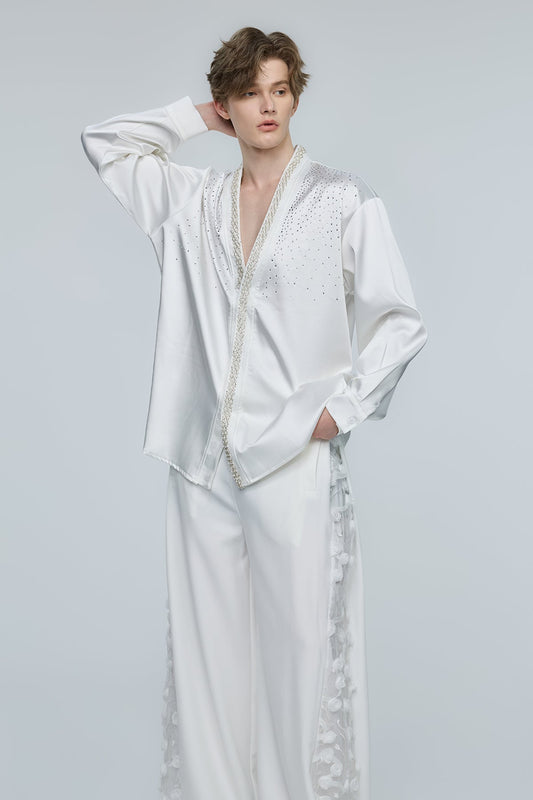 Kinetic Bloom Rhinestone V Neck Long Sleeve Shirt White