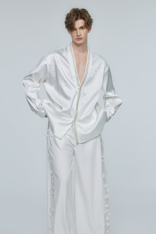 Kinetic Bloom Rhinestone V Neck Long Sleeve Shirt White